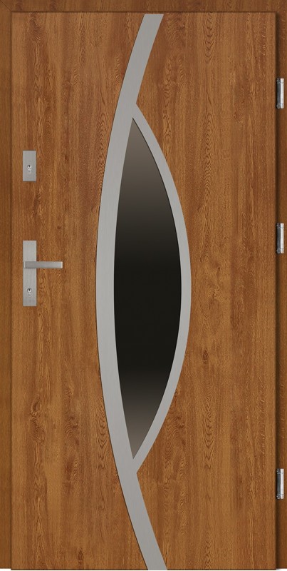 Drzwi wejściowe zewnętrzne złoty dąb ramka INOX Lorenzo 56 mm