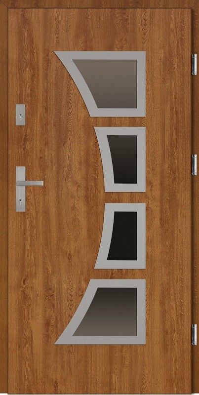 Drzwi wejściowe zewnętrzne złoty dąb ramka INOX Mario 56 mm