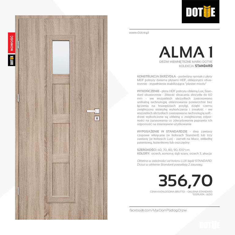 Drzwi do łazienki model ALMA 1 z szybą marki DOTIIE