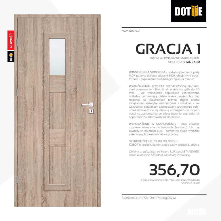 Drzwi do łazienki model GRACJA 1 z szybą marki DOTIIE