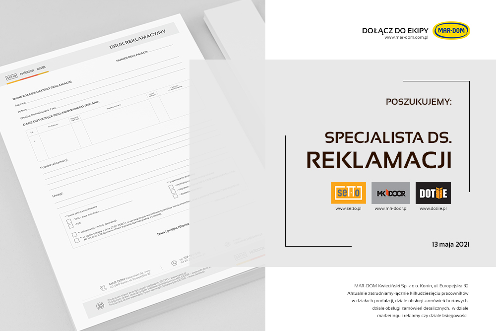 Praca w MAR-DOM Konin - Specjalista ds. reklamacji