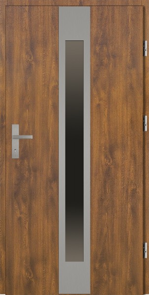 Drzwi zewnętrzne zloty dąb ramka INOX szyba reflex Sergio 92 SETTO