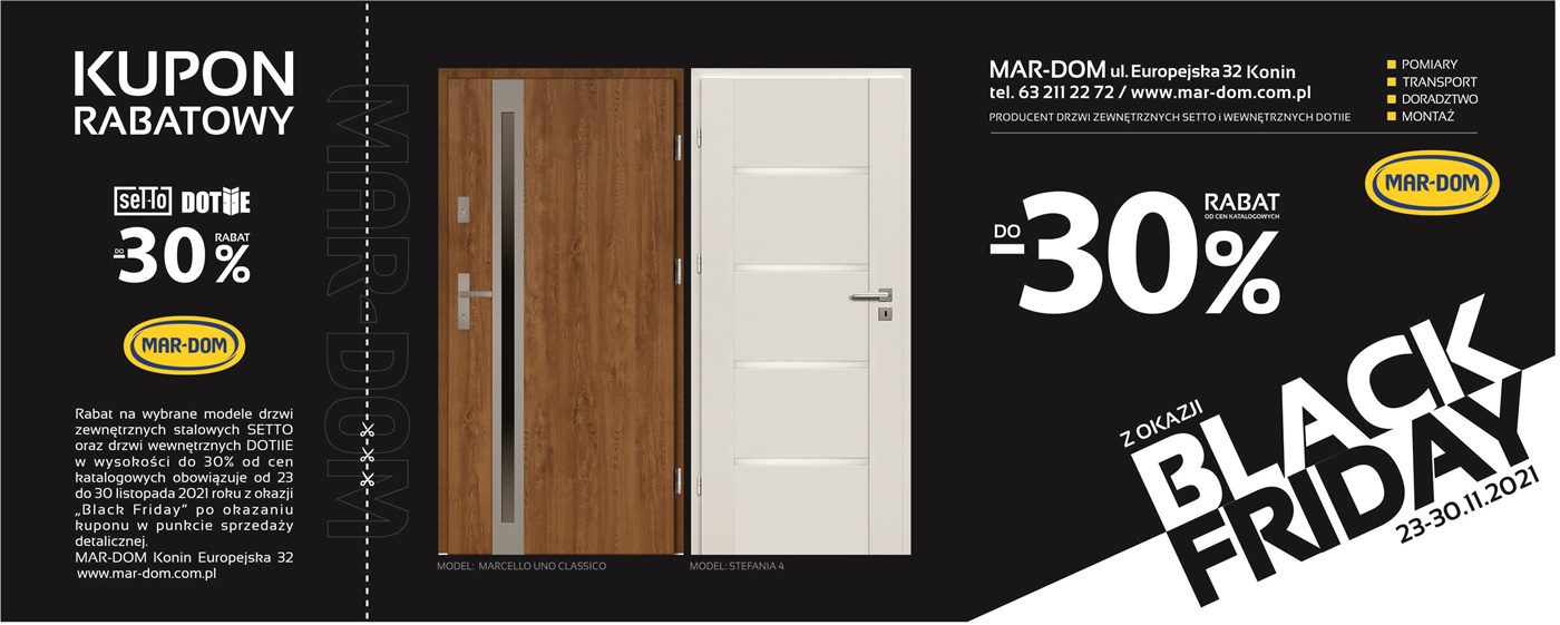 Black Friday Promocja w MAR-DOM Konin - rabat -30% na drzwi zewnętrzne marki SETTO i do -30% na drzwi wewnętrzne marki DOTIIE Black Friday drzwi zewnętrzne promocyjna cena